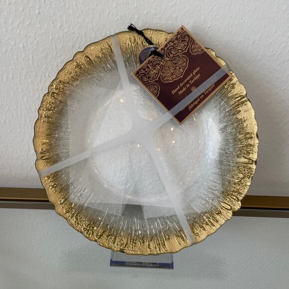 Artistic Accents Turkish Frosted Glass Appetizer Plates 8" Gold Border Set of 4 - Picture 9 of 13